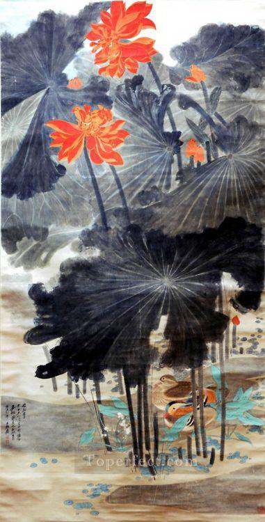 チャンダイチエン ハスとオシドリ 1947 繁体字中国語油絵
